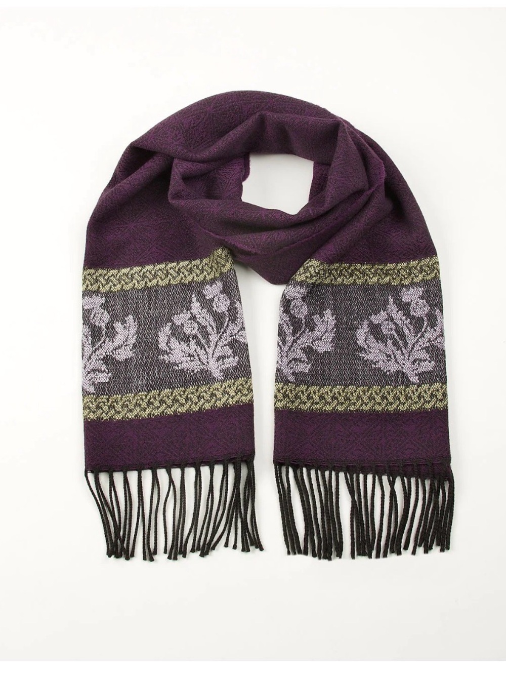 Calzeat Scottish Plum Floral Thistle Pattern Fringe Scarf - wool blend New